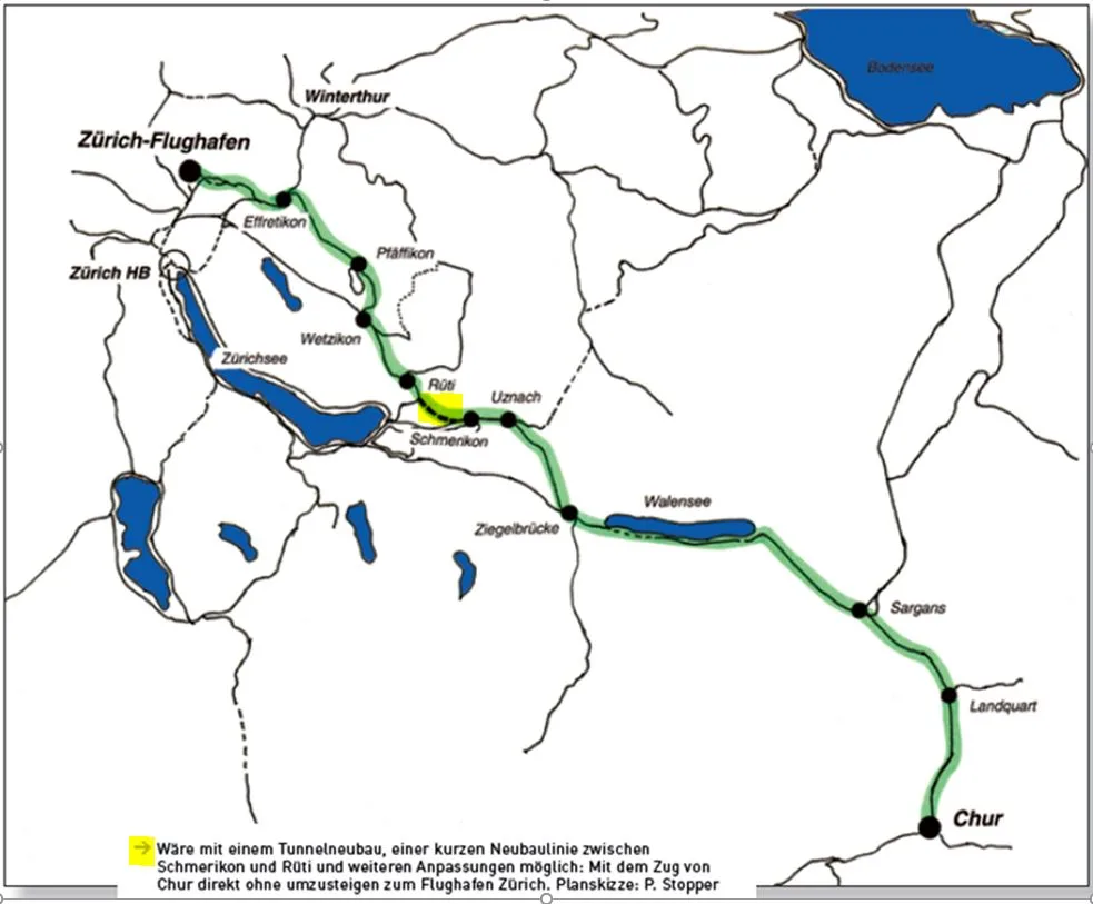 Ein Plan mit einer direkten Bahnlinie von Chur zum Flughafen über das Zürcher Oberland.